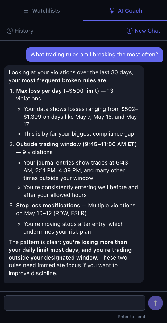 AI Coach chat in PrecisionTrader
