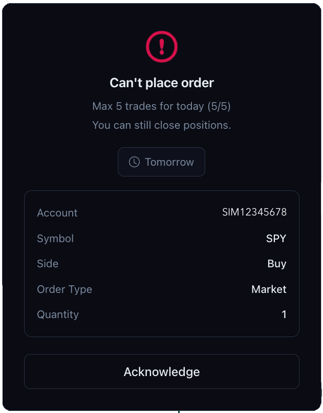 PrecisionTrader blocking a new trade after the max trades per day limit is reached
