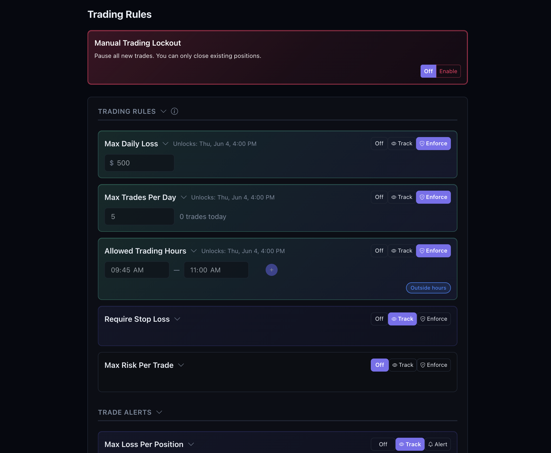Trading rules with Track, Enforce, and Alert for daily loss, trade count, hours, and stop loss